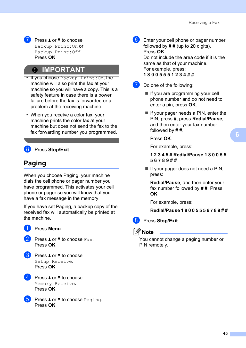 Paging, Important | Brother MFC-495CW User Manual | Page 61 / 224
