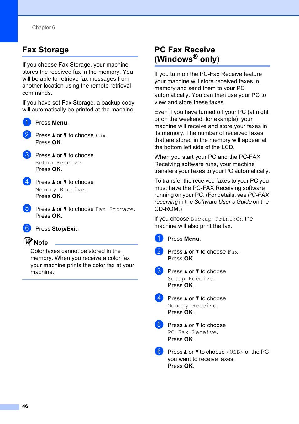 Fax storage, Pc fax receive (windows® only), Fax storage pc fax receive (windows | Only), Pc fax receive (windows | Brother MFC-495CW User Manual | Page 62 / 224