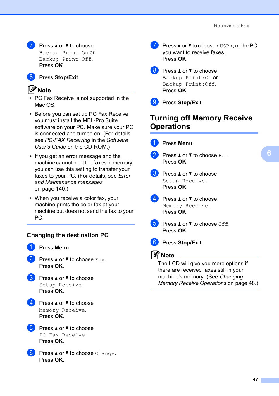 Changing the destination pc, Turning off memory receive operations | Brother MFC-495CW User Manual | Page 63 / 224
