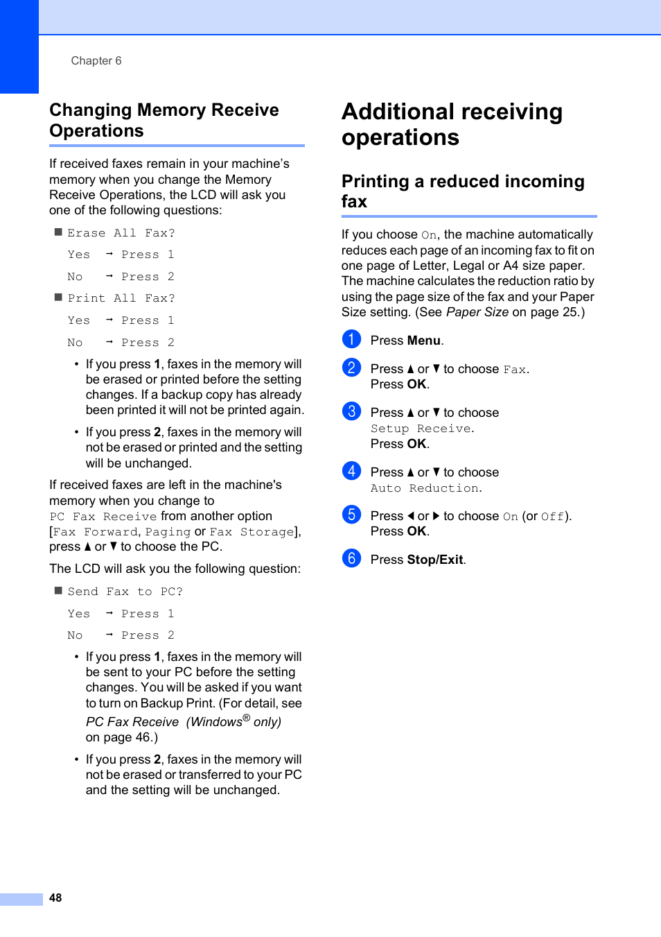 Changing memory receive operations, Additional receiving operations, Printing a reduced incoming fax | Brother MFC-495CW User Manual | Page 64 / 224