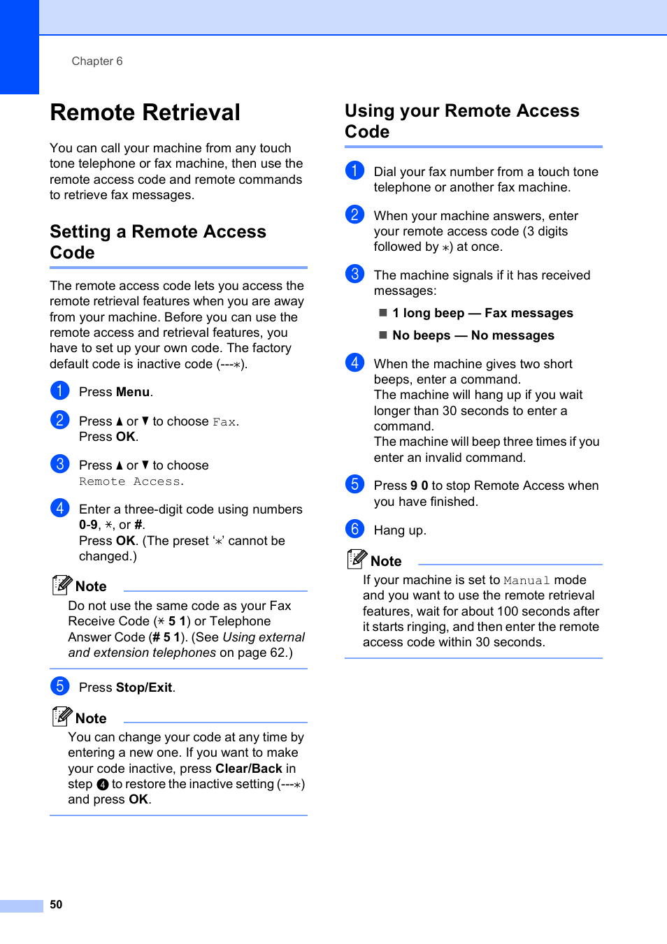 Remote retrieval, Setting a remote access code, Using your remote access code | Brother MFC-495CW User Manual | Page 66 / 224