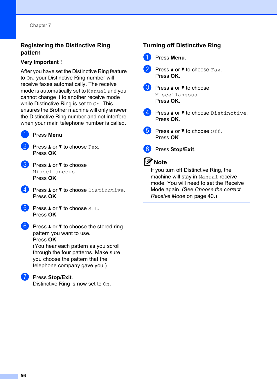 Registering the distinctive ring pattern, Turning off distinctive ring | Brother MFC-495CW User Manual | Page 72 / 224
