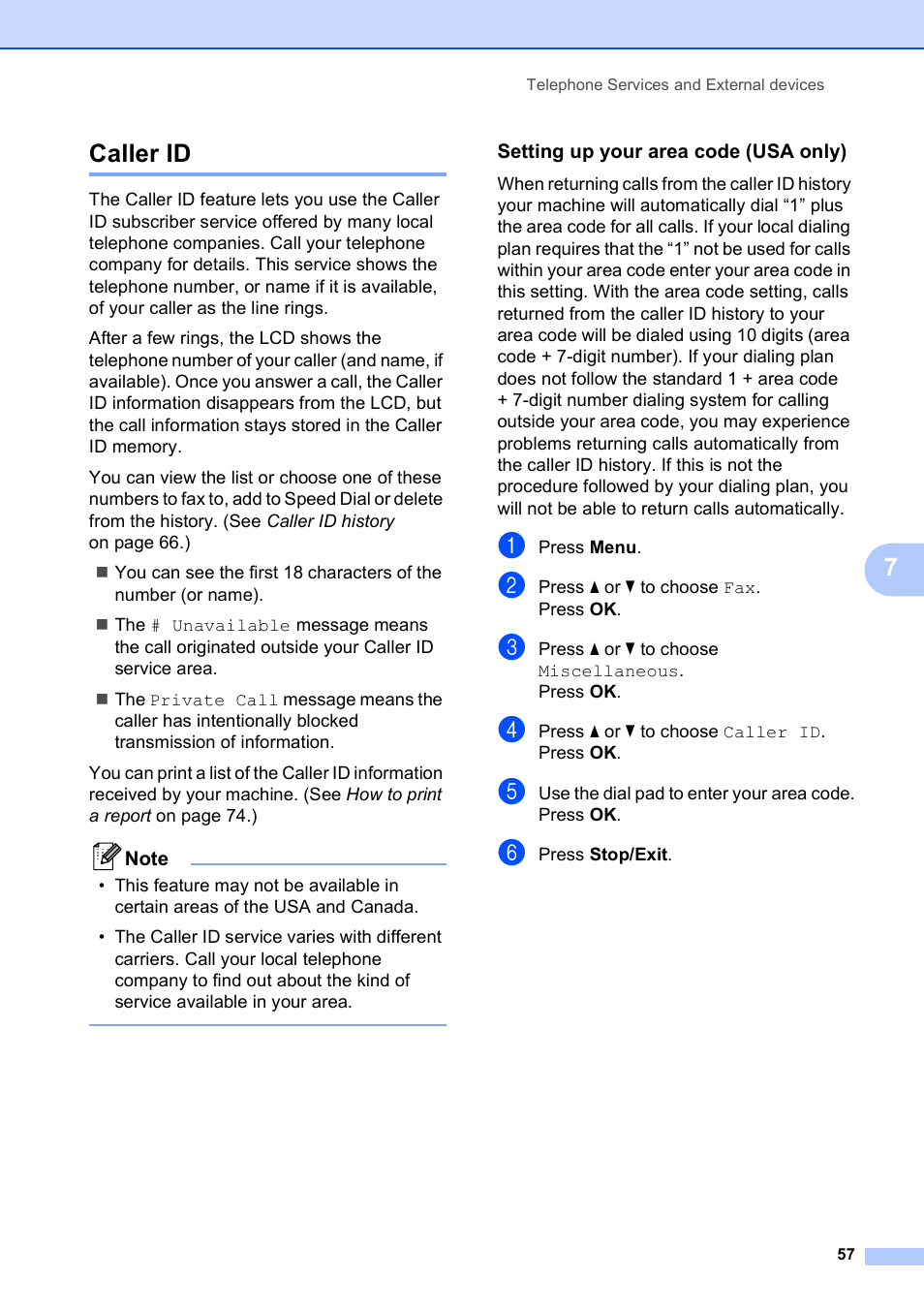 Caller id, Setting up your area code (usa only), 7caller id | Brother MFC-495CW User Manual | Page 73 / 224