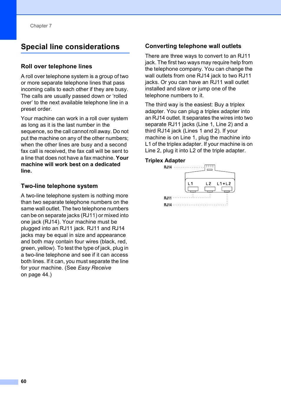 Special line considerations, Roll over telephone lines, Two-line telephone system | Converting telephone wall outlets | Brother MFC-495CW User Manual | Page 76 / 224