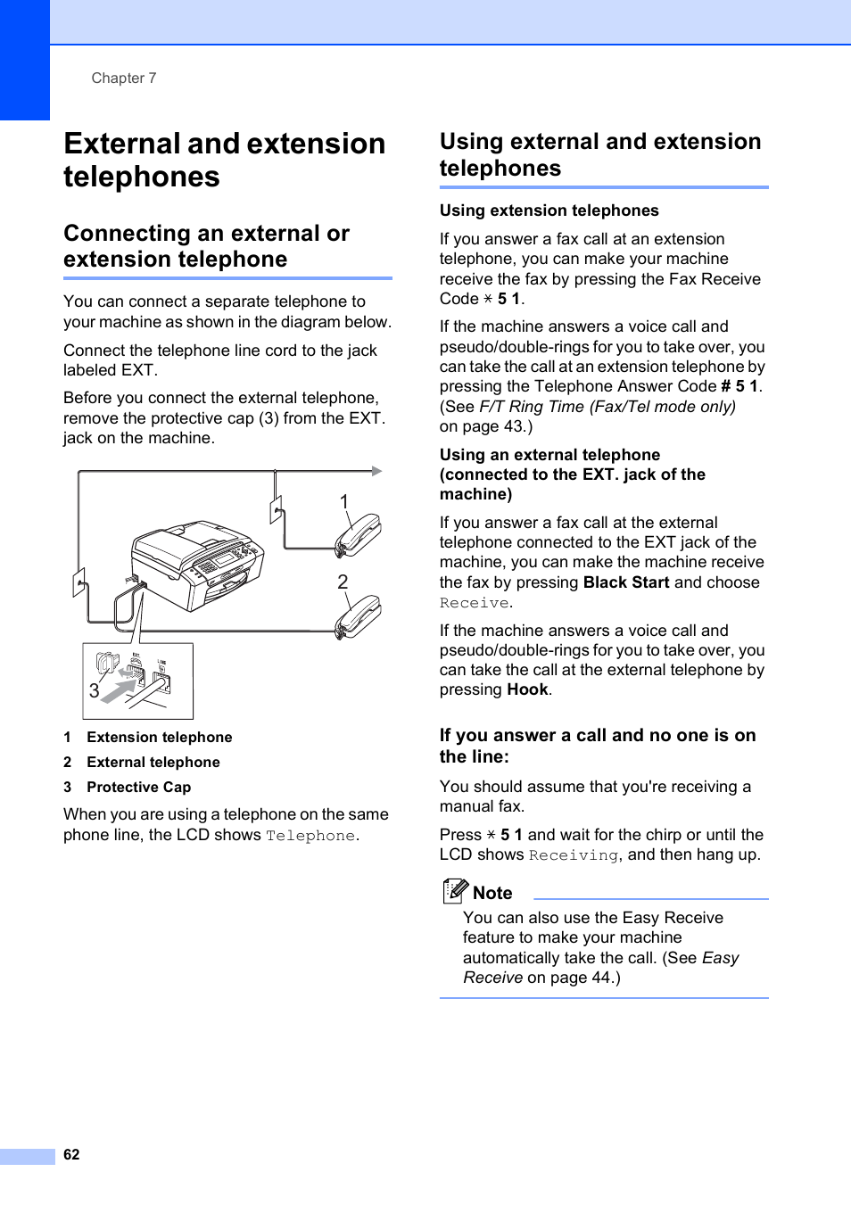 External and extension telephones, Connecting an external or extension telephone, Using external and extension telephones | If you answer a call and no one is on the line | Brother MFC-495CW User Manual | Page 78 / 224