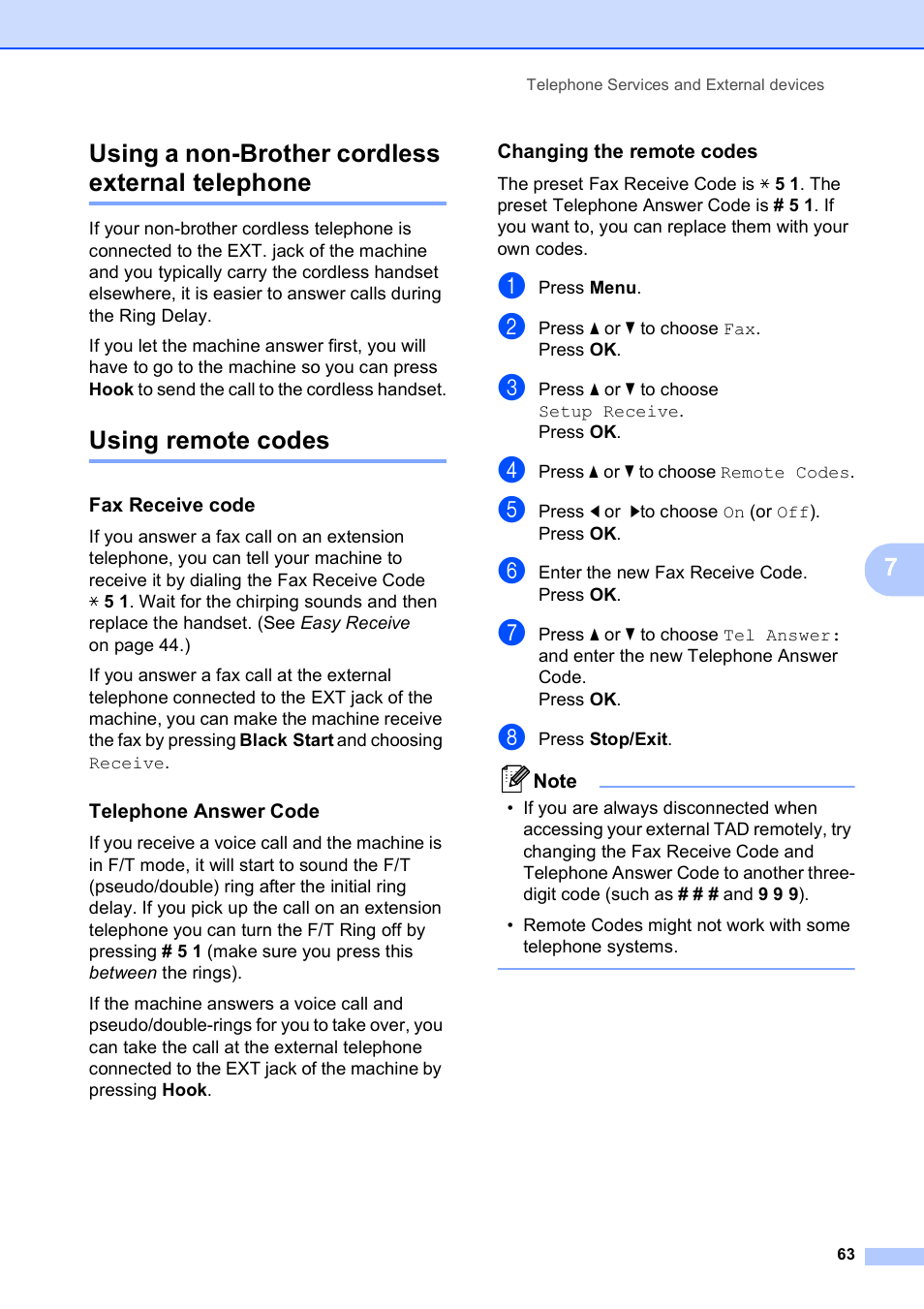 Using a non-brother cordless external telephone, Using remote codes, Fax receive code | Telephone answer code, Changing the remote codes, 7using a non-brother cordless external telephone | Brother MFC-495CW User Manual | Page 79 / 224