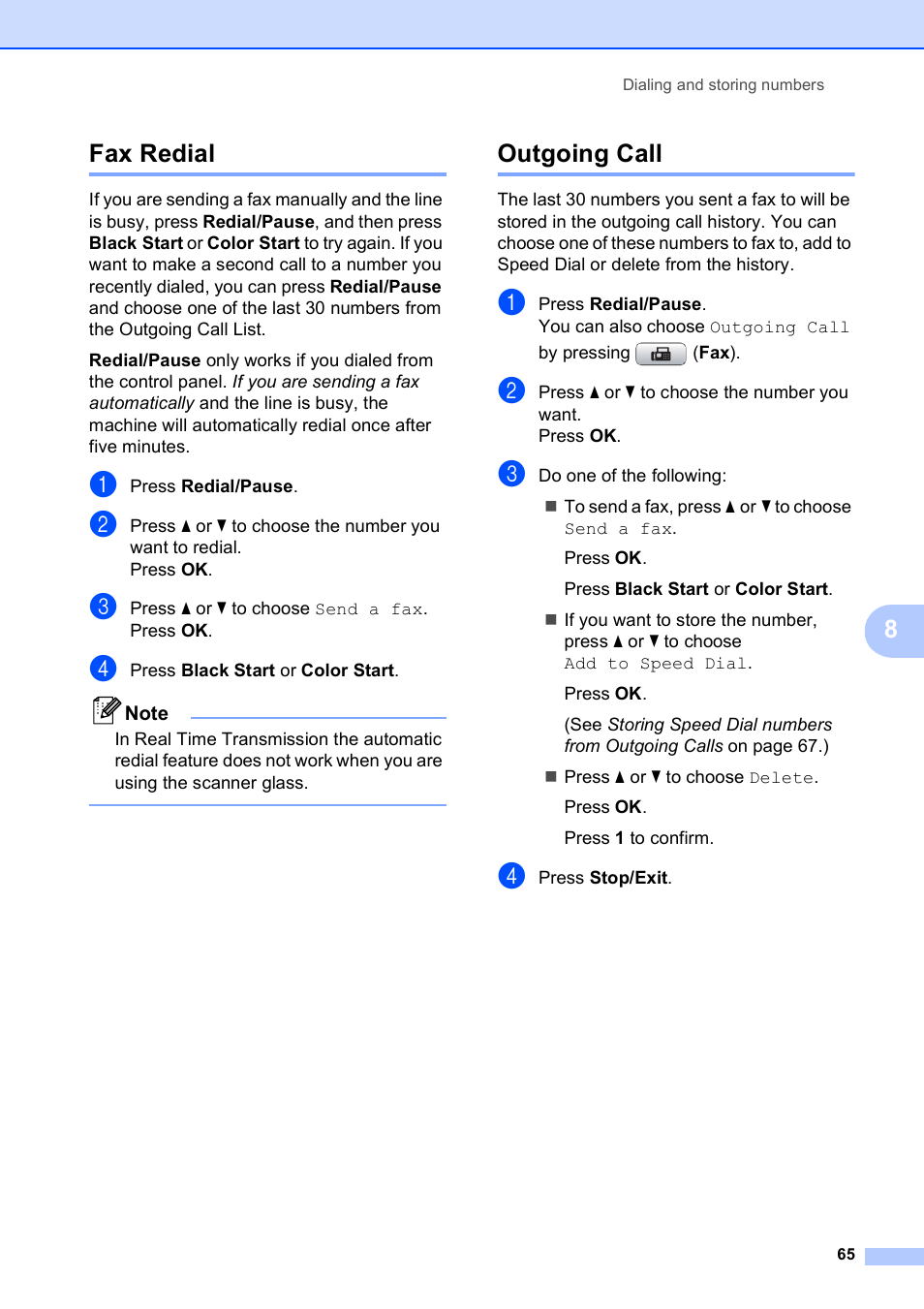 Fax redial, Outgoing call, Fax redial outgoing call | 8fax redial | Brother MFC-495CW User Manual | Page 81 / 224