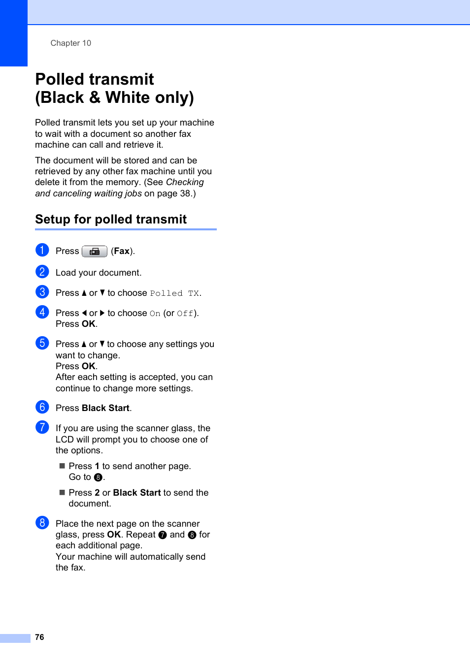 Polled transmit (black & white only), Setup for polled transmit | Brother MFC-495CW User Manual | Page 92 / 224