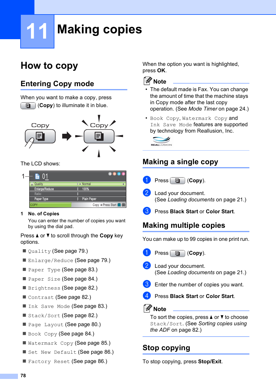 11 making copies, How to copy, Entering copy mode | Making a single copy, Making multiple copies, Stop copying, Making copies | Brother MFC-495CW User Manual | Page 94 / 224