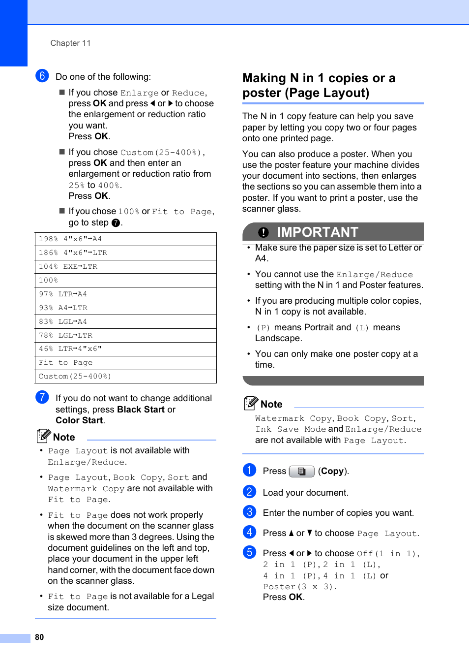 Important, Making n in 1 copies or a poster (page layout) | Brother MFC-495CW User Manual | Page 96 / 224