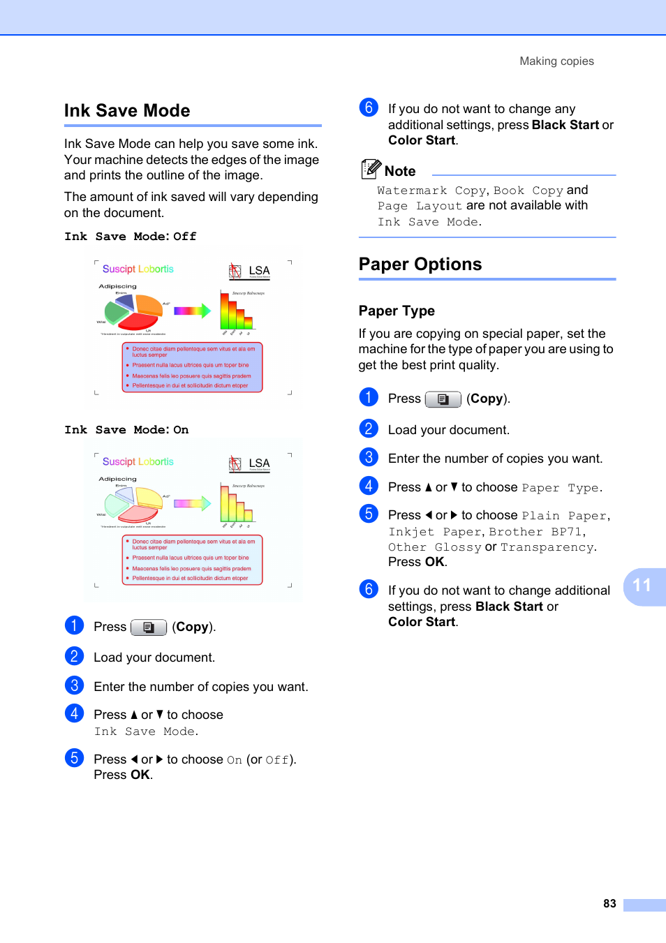 Ink save mode, Paper options, Paper type | Ink save mode paper options, 11 ink save mode | Brother MFC-495CW User Manual | Page 99 / 224