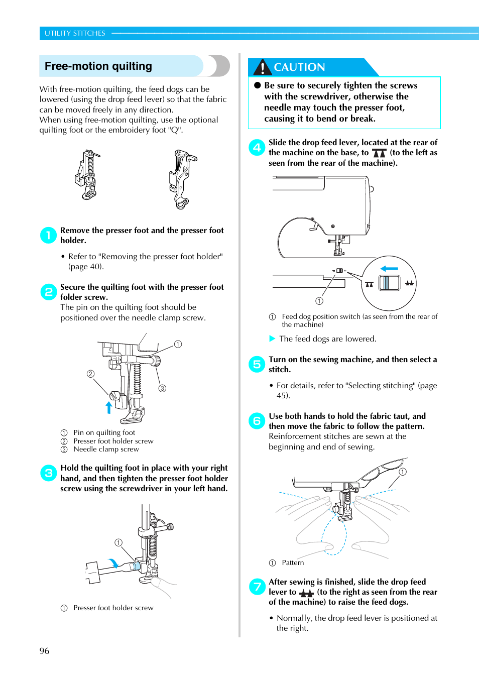 Free-motion quilting, Caution | Brother SE-270D User Manual | Page 102 / 166