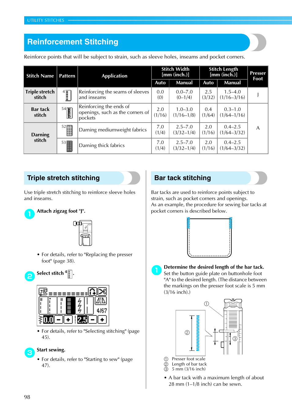 Reinforcement stitching, Triple stretch stitching, Bar tack stitching | Brother SE-270D User Manual | Page 104 / 166