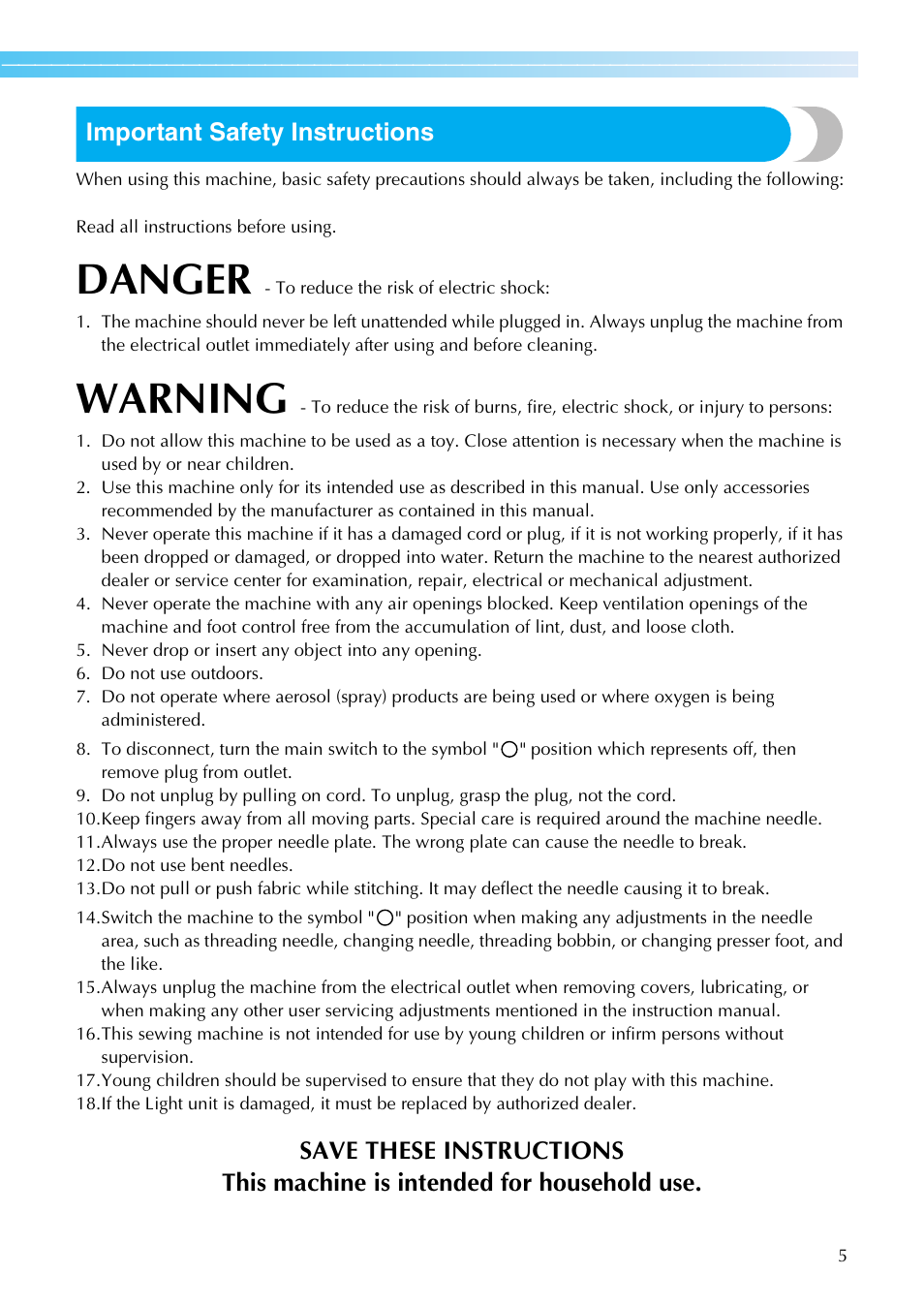 Danger, Warning, Important safety instructions | Brother SE-270D User Manual | Page 11 / 166