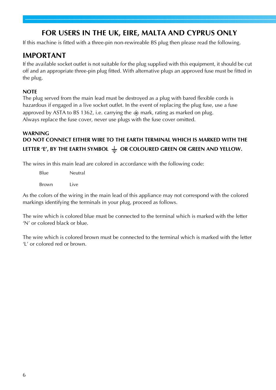 For users in the uk, eire, malta and cyprus only, Important | Brother SE-270D User Manual | Page 12 / 166