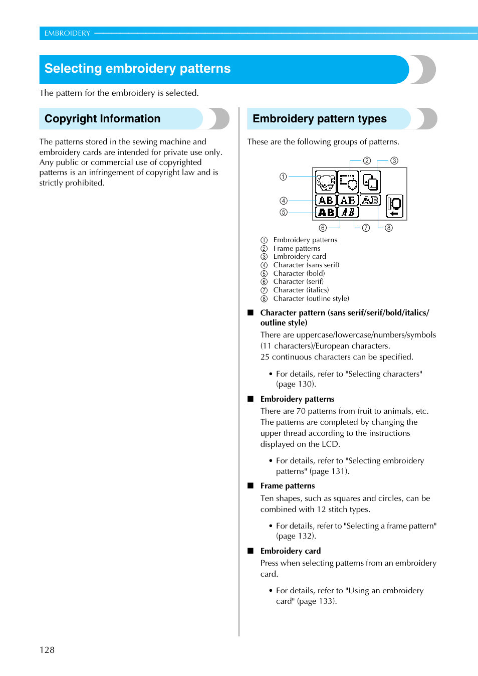 Selecting embroidery patterns, Copyright information, Embroidery pattern types | Brother SE-270D User Manual | Page 134 / 166