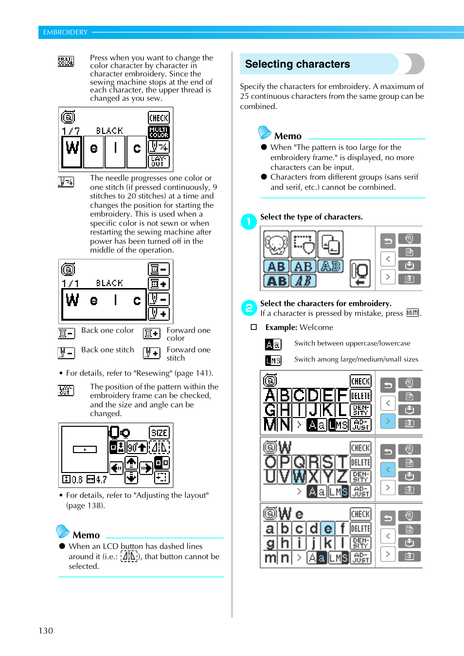 Selecting characters | Brother SE-270D User Manual | Page 136 / 166