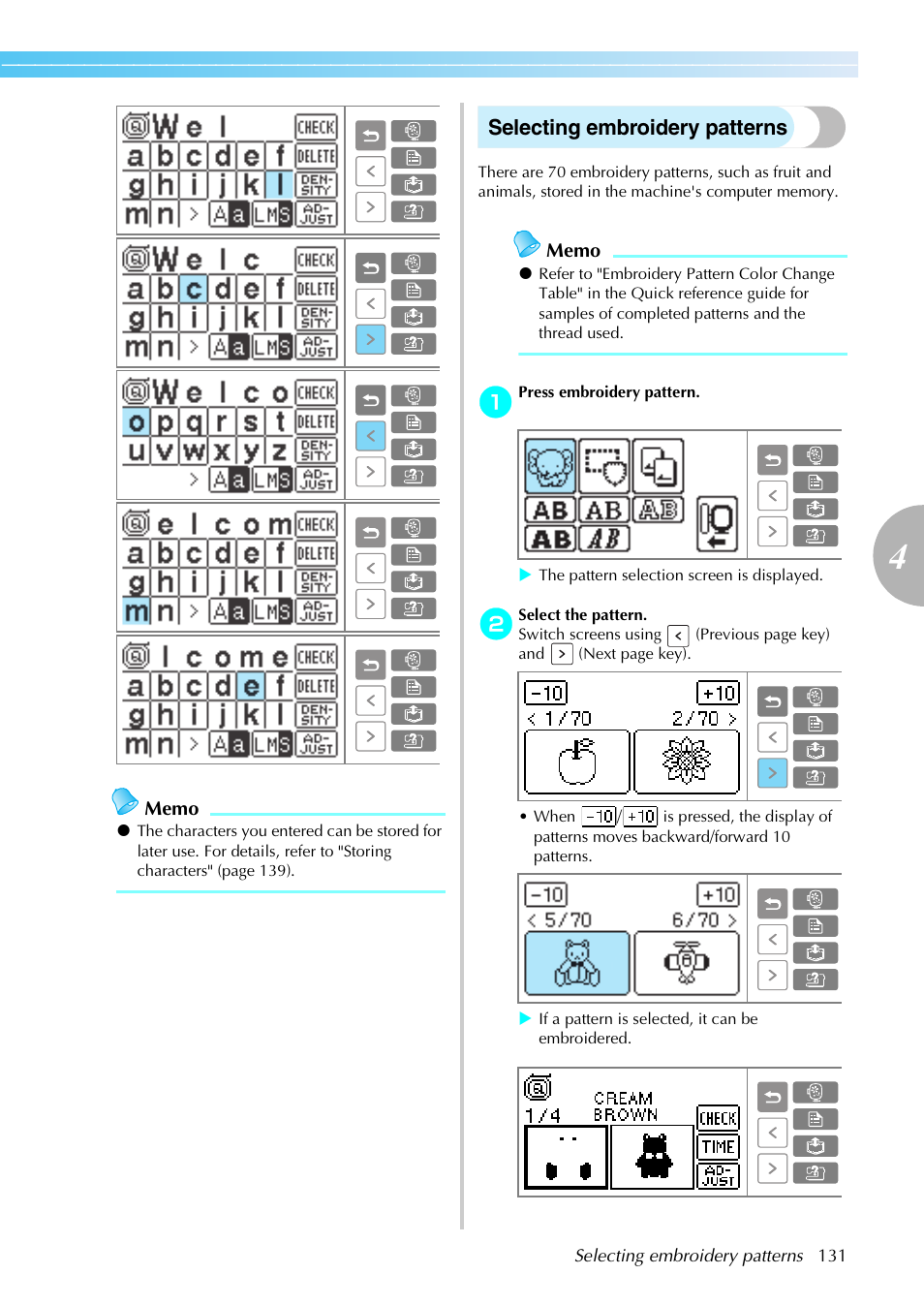 Selecting embroidery patterns | Brother SE-270D User Manual | Page 137 / 166