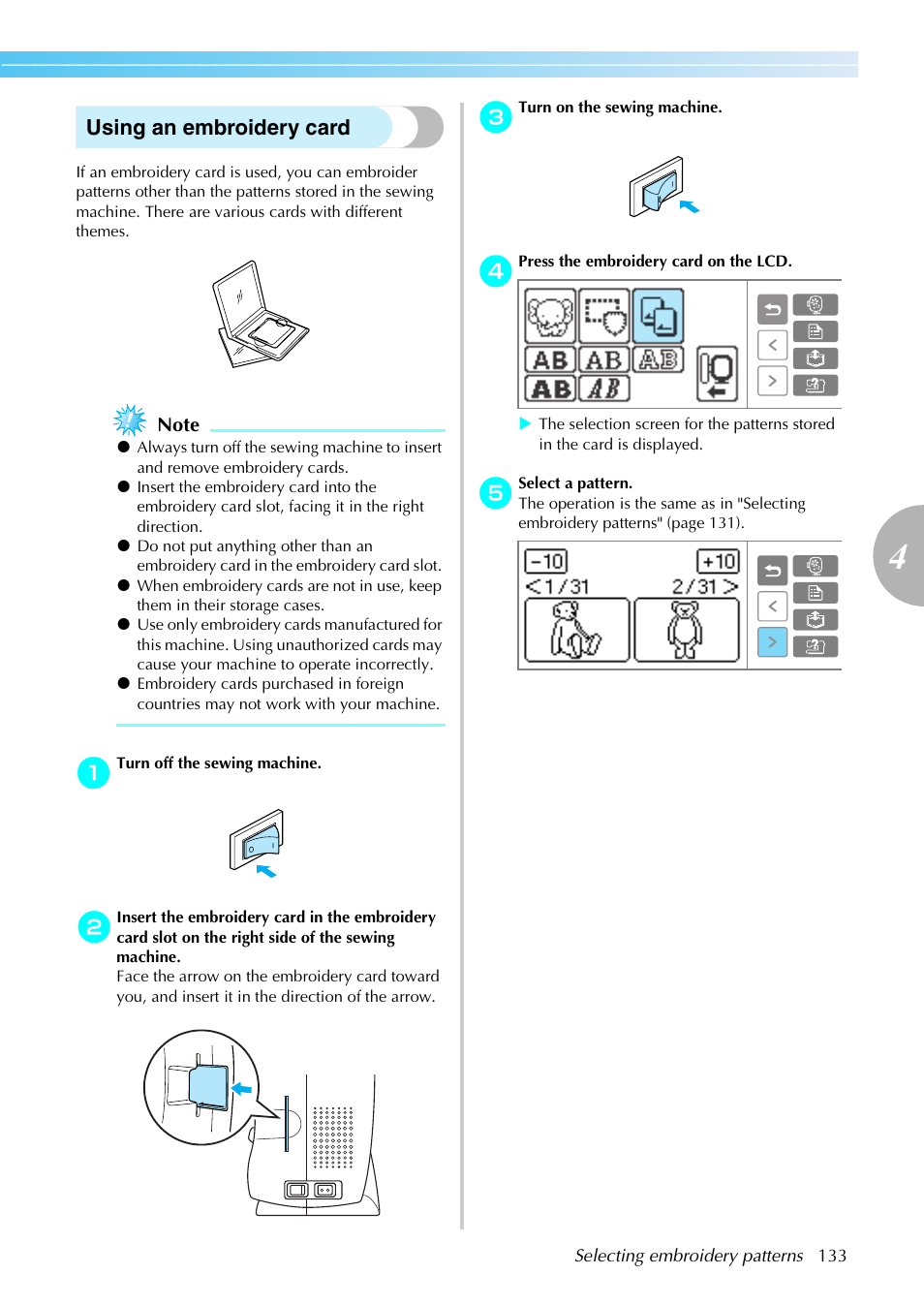 Using an embroidery card | Brother SE-270D User Manual | Page 139 / 166