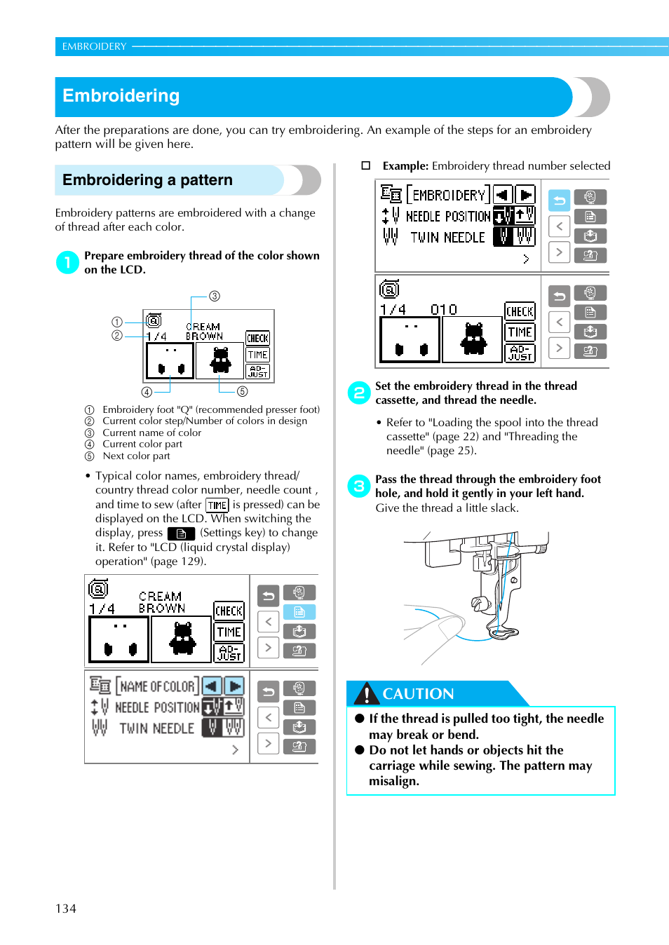 Embroidering, Embroidering a pattern, Caution | Brother SE-270D User Manual | Page 140 / 166