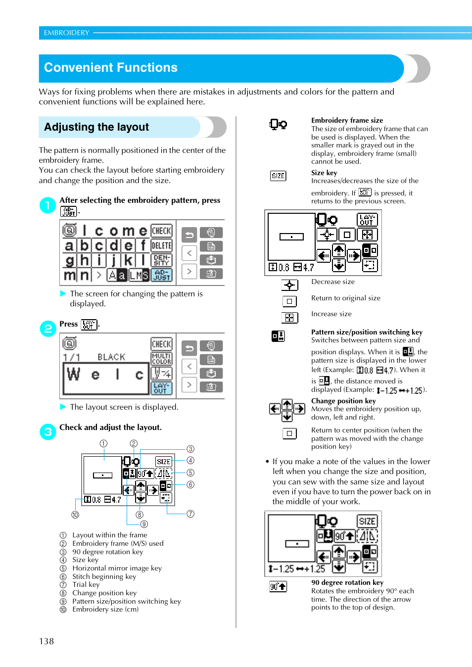 Convenient functions, Adjusting the layout | Brother SE-270D User Manual | Page 144 / 166