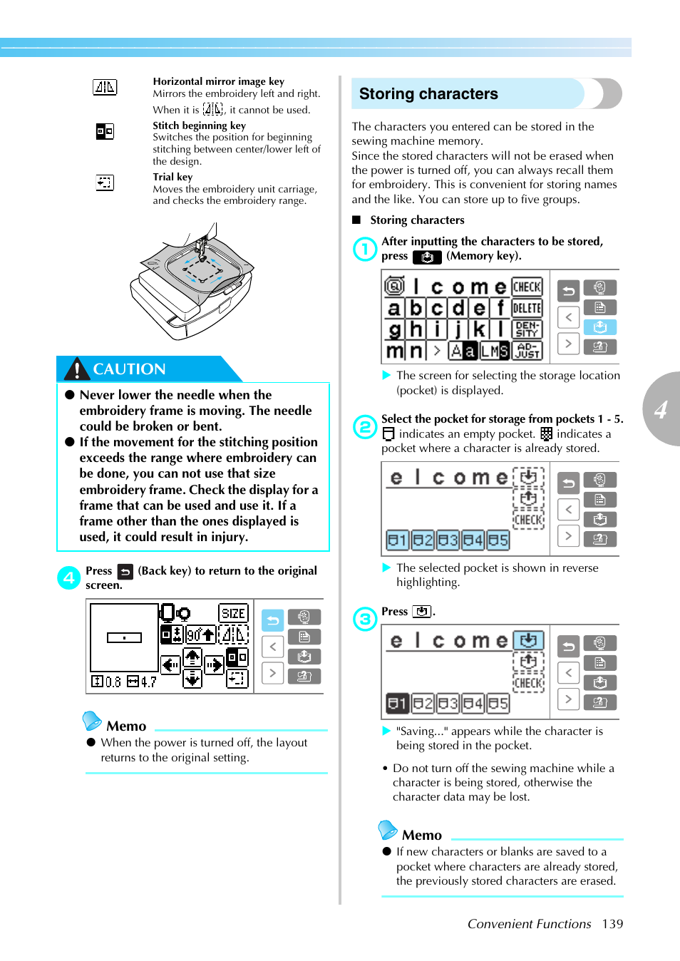Caution, Storing characters | Brother SE-270D User Manual | Page 145 / 166
