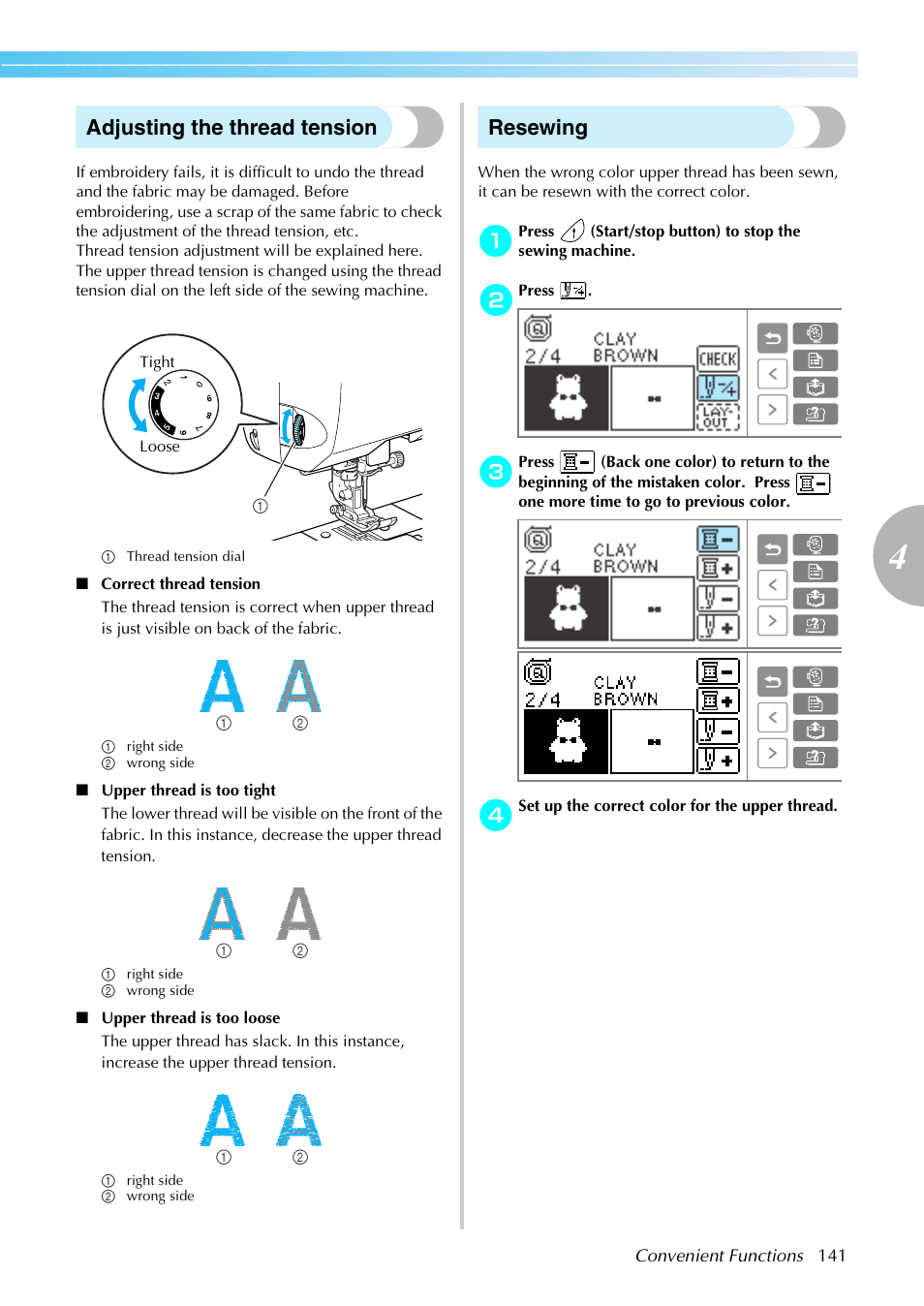 Adjusting the thread tension, Resewing | Brother SE-270D User Manual | Page 147 / 166