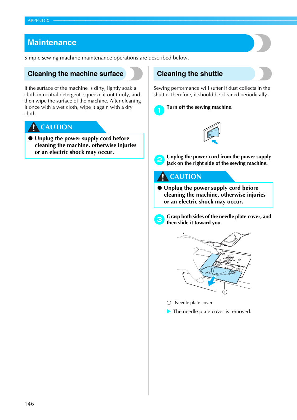 Maintenance, Cleaning the machine surface, Caution cleaning the shuttle | Caution | Brother SE-270D User Manual | Page 152 / 166