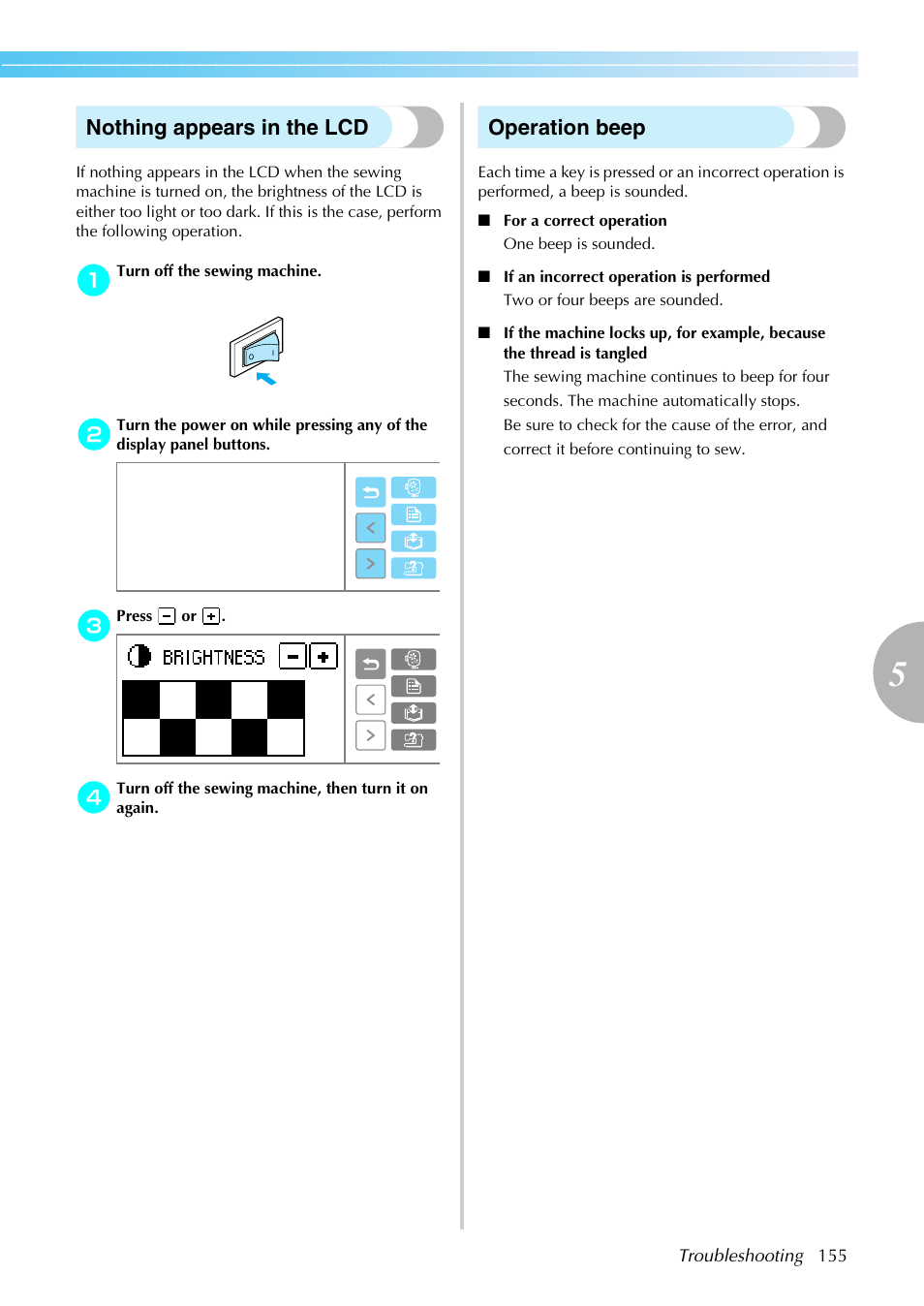 Nothing appears in the lcd, Operation beep | Brother SE-270D User Manual | Page 161 / 166