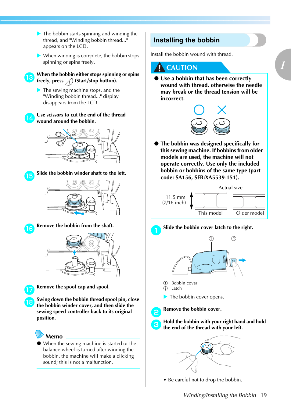 Installing the bobbin, Caution | Brother SE-270D User Manual | Page 25 / 166