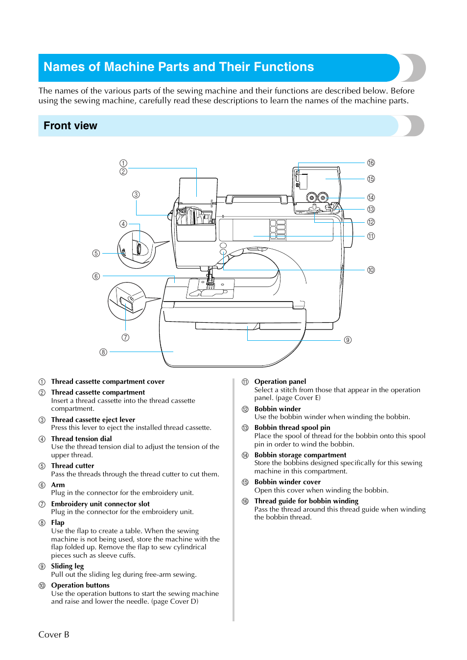 Names of machine parts and their functions, Front view | Brother SE-270D User Manual | Page 3 / 166