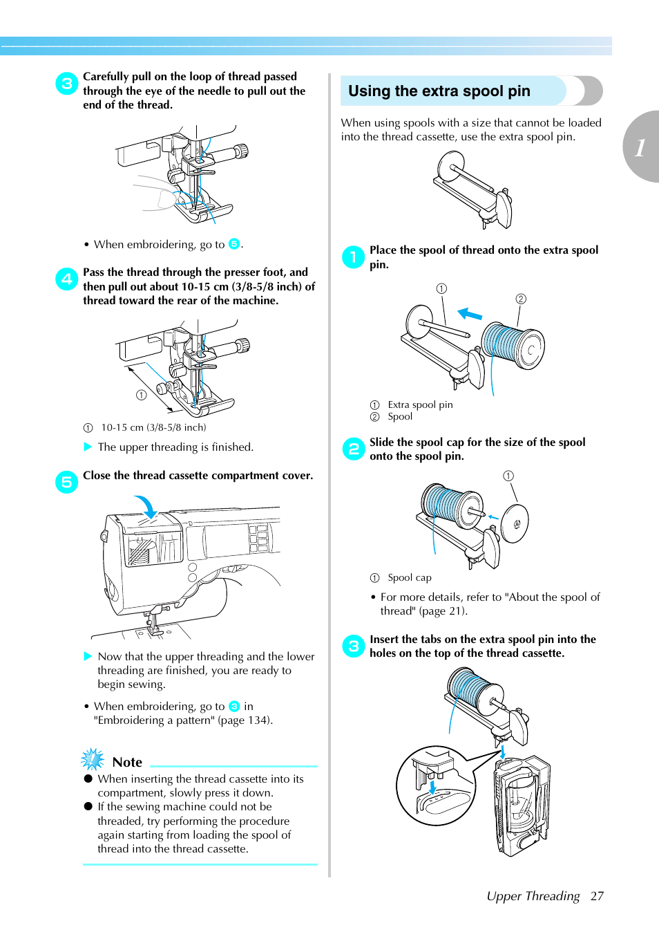 Using the extra spool pin | Brother SE-270D User Manual | Page 33 / 166