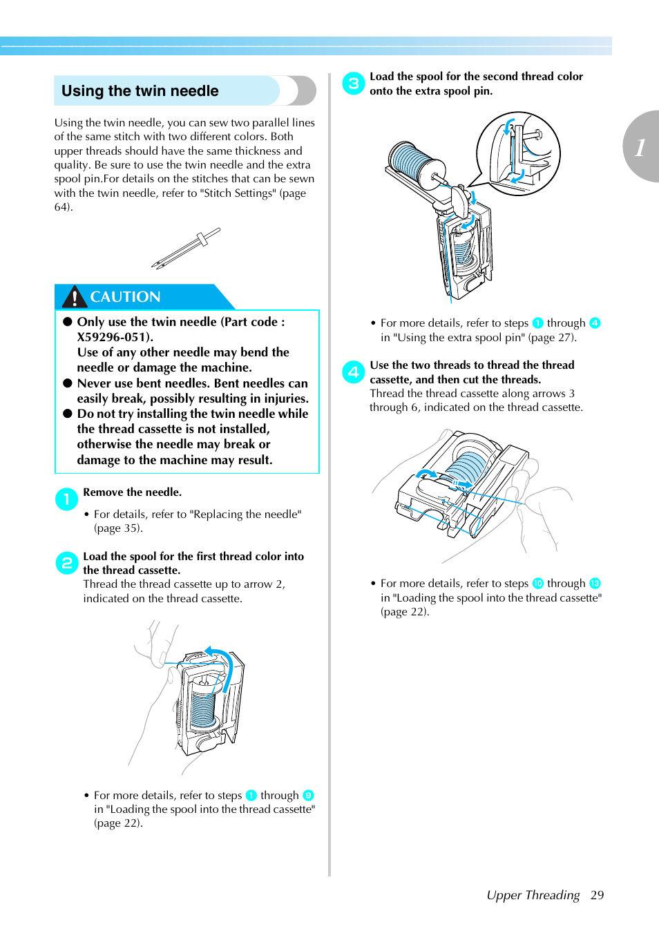 Using the twin needle, Caution | Brother SE-270D User Manual | Page 35 / 166