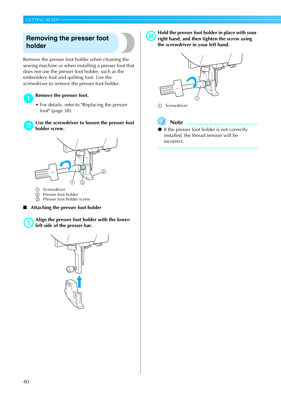 Removing the presser foot holder | Brother SE-270D User Manual | Page 46 / 166