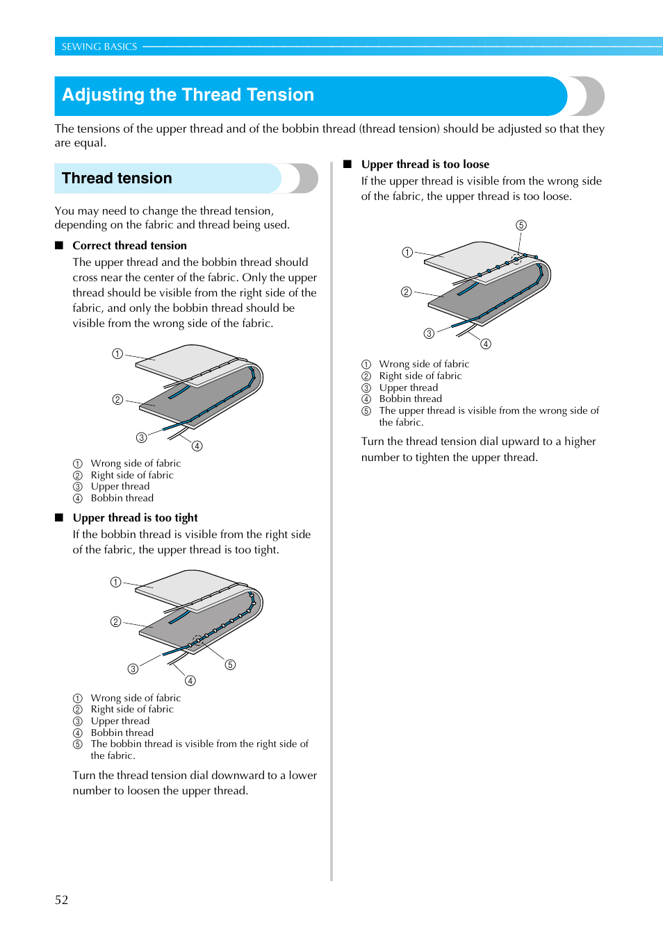 Adjusting the thread tension, Thread tension | Brother SE-270D User Manual | Page 58 / 166
