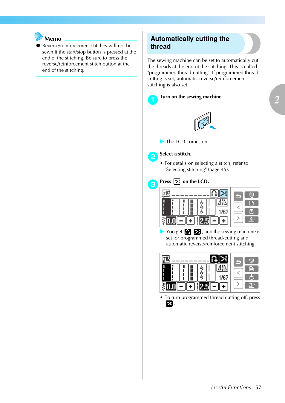 Automatically cutting the thread | Brother SE-270D User Manual | Page 63 / 166