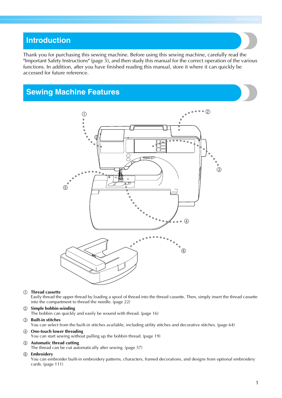 Introduction, Sewing machine features | Brother SE-270D User Manual | Page 7 / 166