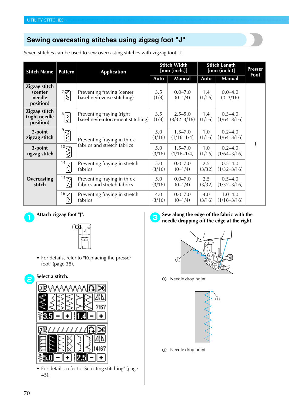 Sewing overcasting stitches using zigzag foot "j | Brother SE-270D User Manual | Page 76 / 166