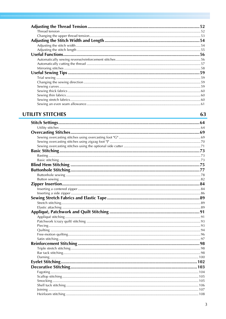 Utility stitches 63 | Brother SE-270D User Manual | Page 9 / 166