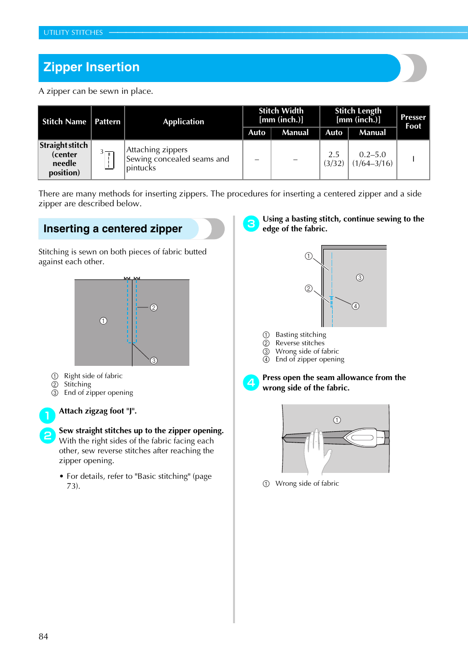 Zipper insertion, Inserting a centered zipper | Brother SE-270D User Manual | Page 90 / 166