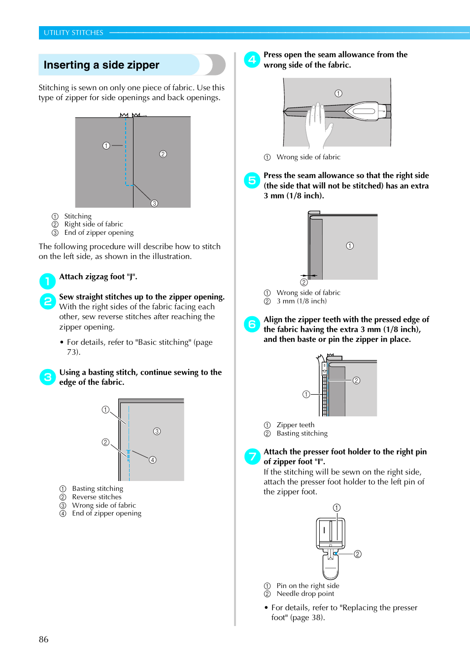 Inserting a side zipper | Brother SE-270D User Manual | Page 92 / 166