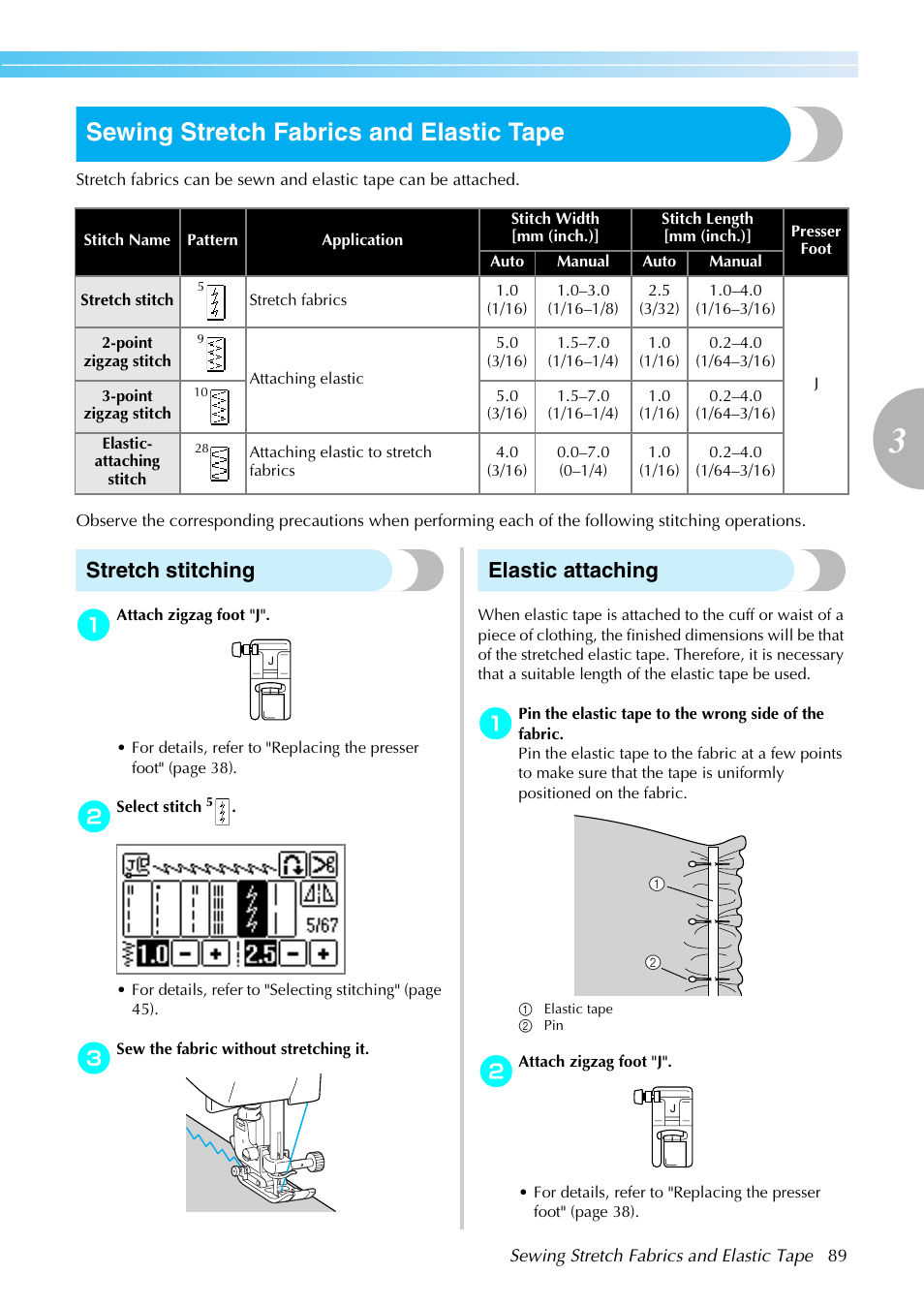 Sewing stretch fabrics and elastic tape, Stretch stitching, Elastic attaching | Brother SE-270D User Manual | Page 95 / 166