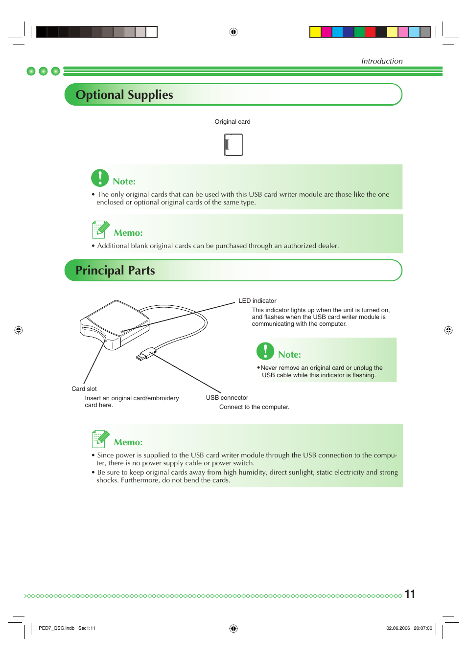 Optional supplies, Principal parts | Brother PE-DESIGN Ver.7 User Manual | Page 13 / 50