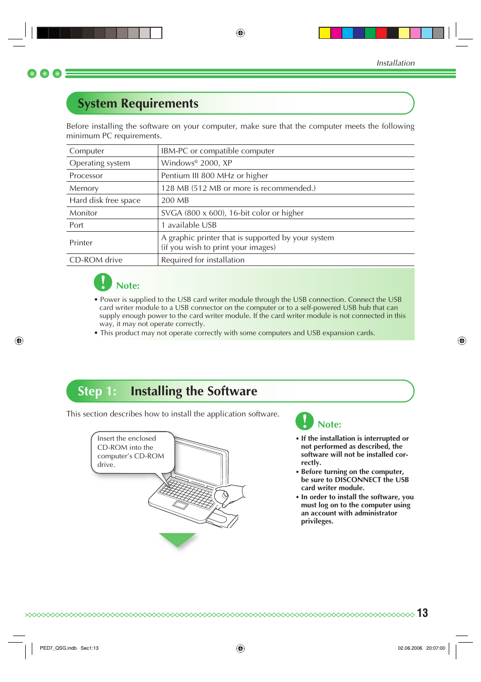 System requirements, Step 1: installing the software | Brother PE-DESIGN Ver.7 User Manual | Page 15 / 50