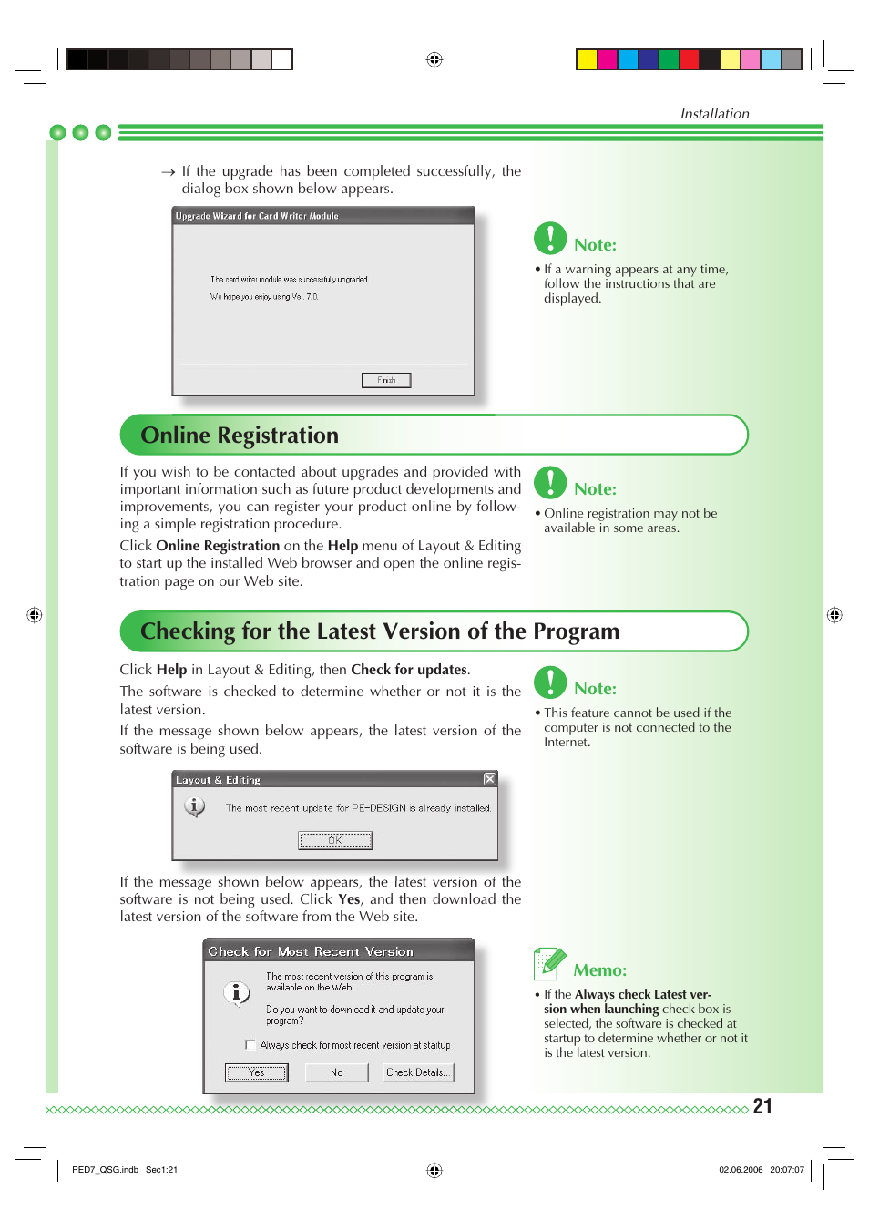 Online registration, Checking for the latest version of the program | Brother PE-DESIGN Ver.7 User Manual | Page 23 / 50