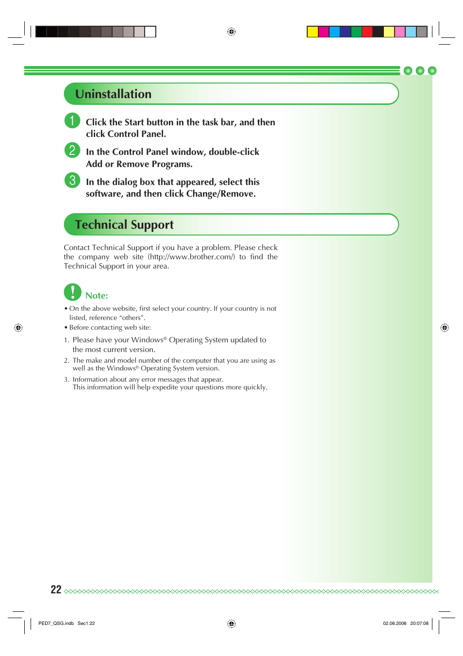 Uninstallation, Technical support | Brother PE-DESIGN Ver.7 User Manual | Page 24 / 50