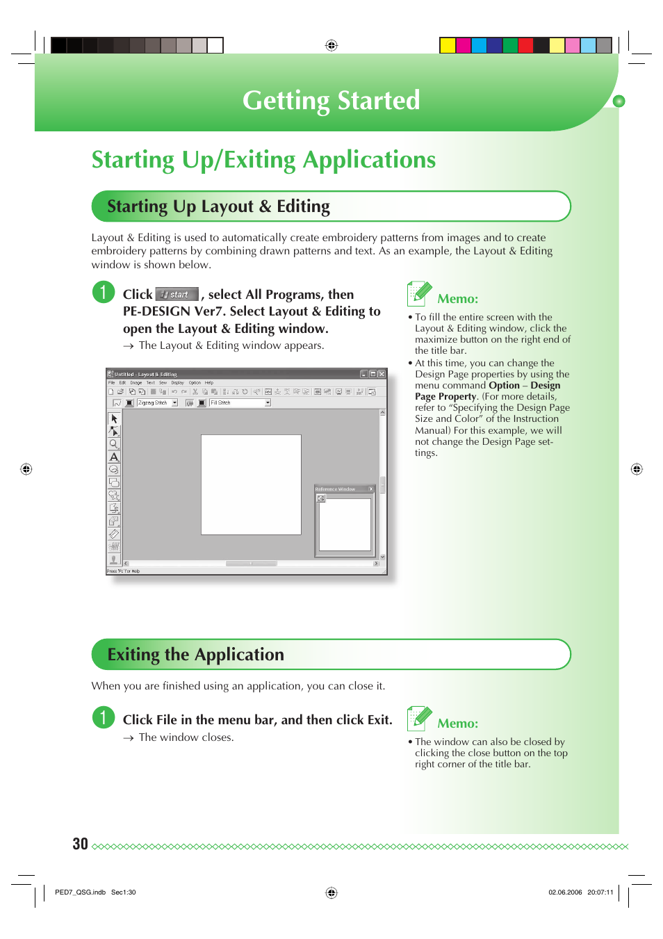 Getting started, Starting up/exiting applications, Starting up layout & editing | Exiting the application | Brother PE-DESIGN Ver.7 User Manual | Page 32 / 50