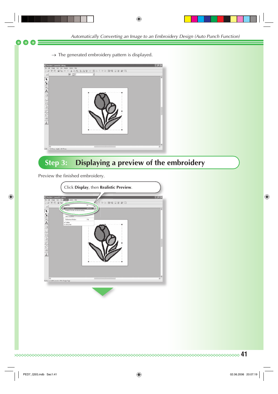 Step 3: displaying a preview of the embroidery | Brother PE-DESIGN Ver.7 User Manual | Page 43 / 50