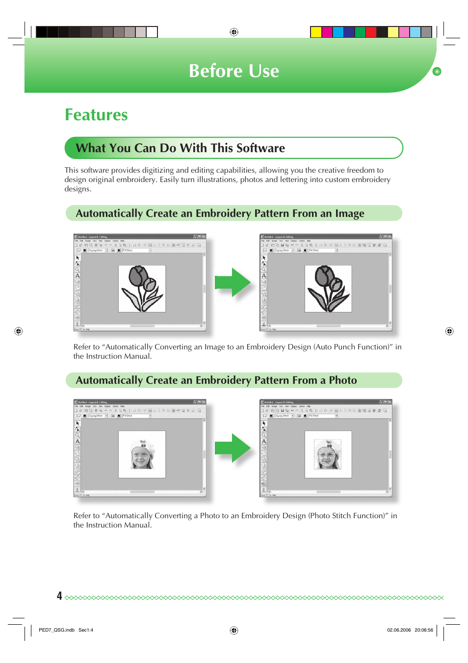 Before use, Features, What you can do with this software | Brother PE-DESIGN Ver.7 User Manual | Page 6 / 50