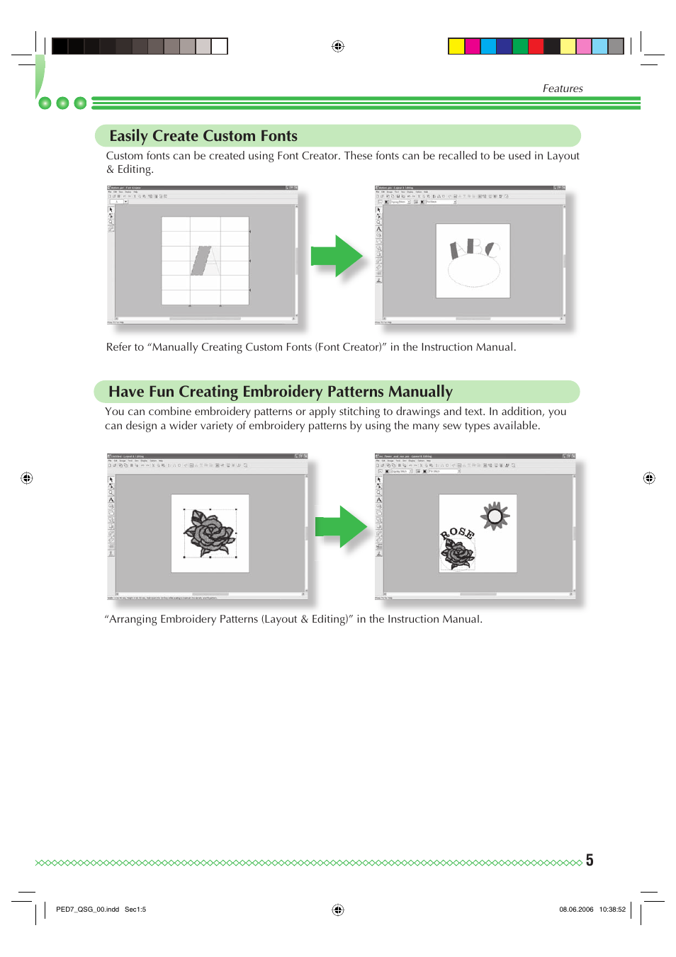 Have fun creating embroidery patterns manually, Easily create custom fonts | Brother PE-DESIGN Ver.7 User Manual | Page 7 / 50